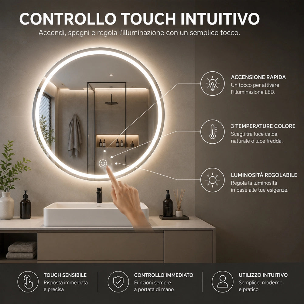 Specchio Tondo Diametro 70 cm con Led a 3 Colori Dimmerabile Accensione Touch