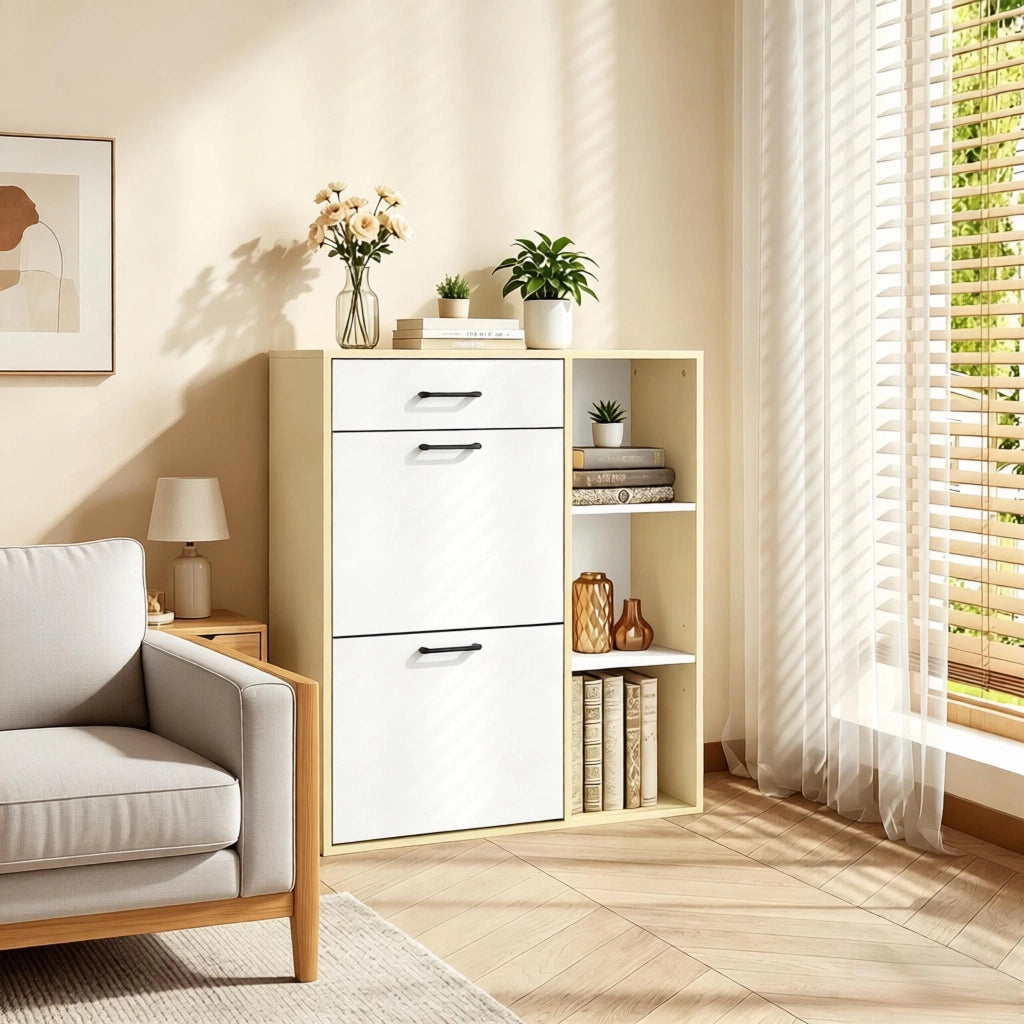 Scarpiera slim con cassetto e 2 ante a ribalta, 3 vani aperti, per ingresso e corridoio, bianco, 80 × 90 × 30 cm