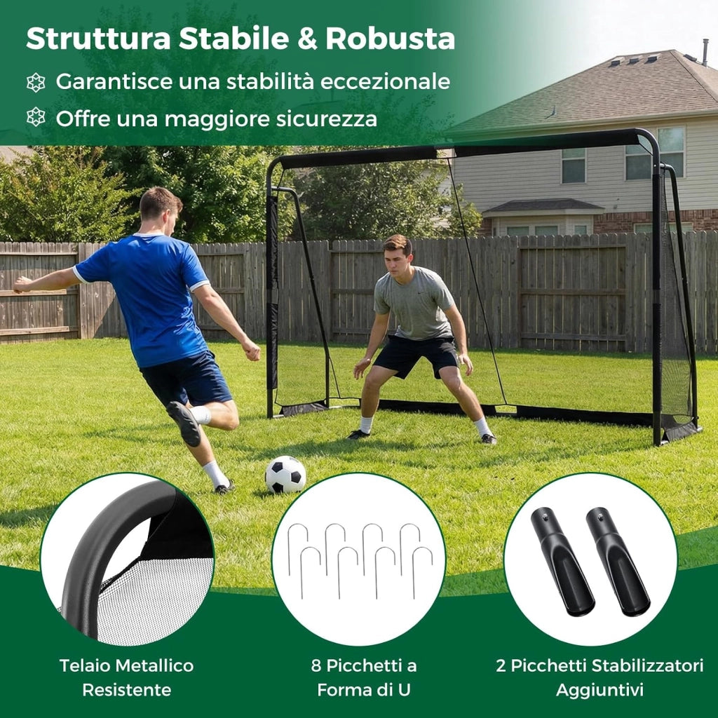 Porta da Calcio per Bambini e Adulti 3 x 2 m con Struttura in Metallo, Rete PE Impermeabile, 8 Picchetti, Sistema di Montaggio a Pulsante, Attrezzatura da Allenamento per Calcio all'Aperto