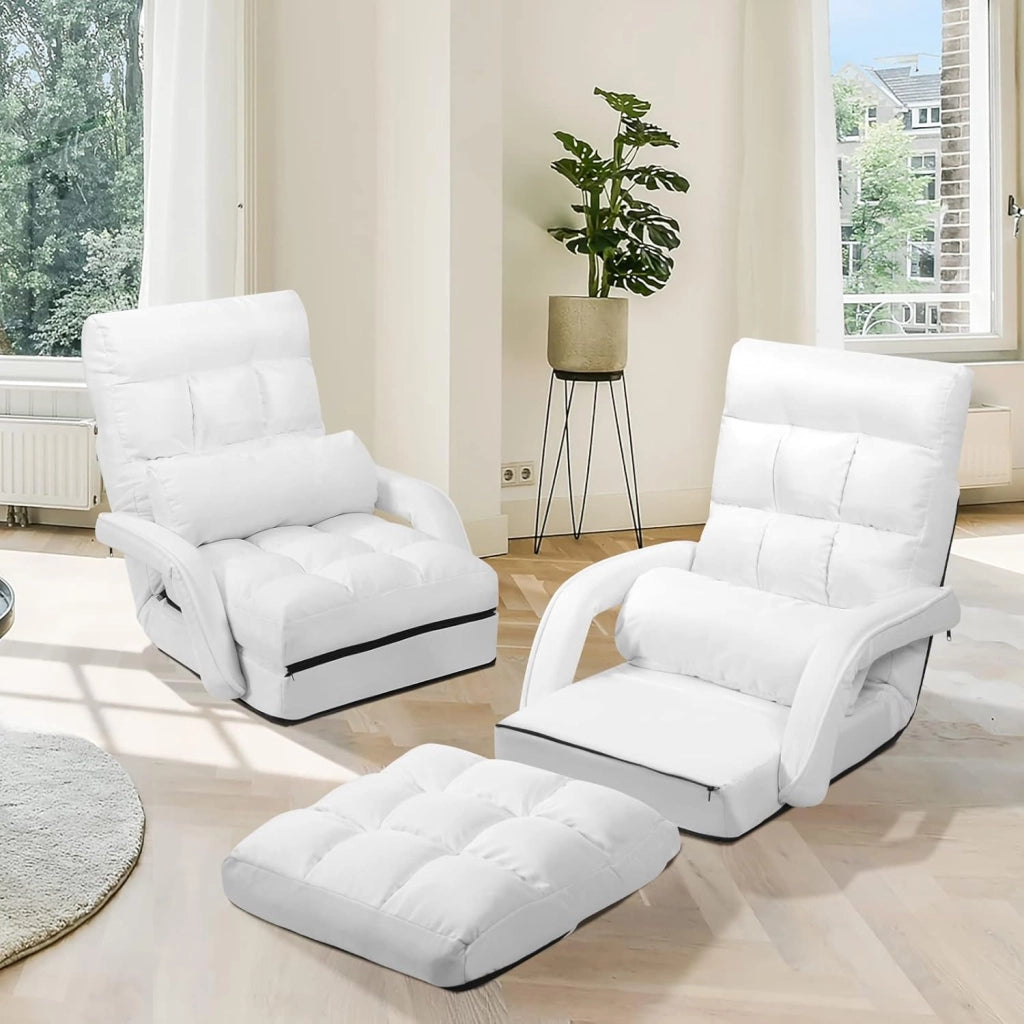 Poltrona Divano con 5 Livelli Regolabili, Sedia da Terra con Braccioli e Cuscino, Struttura in Acciaio, Multifunzione e Pieghevole per Soggiorno Camera da Letto, 55x66x71 cm (Bianco)
