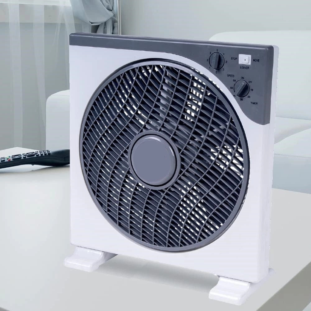 Trade Shop - Ventilatore Quadrato Box Fan 45 Watt 30 Cm Con Timer Bianco Grigio 5 Pale 5340054 -