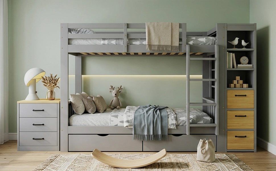 Letto a castello 90 × 200 cm grigio con cassetti scaffale laterale e comodino indipendente in legno