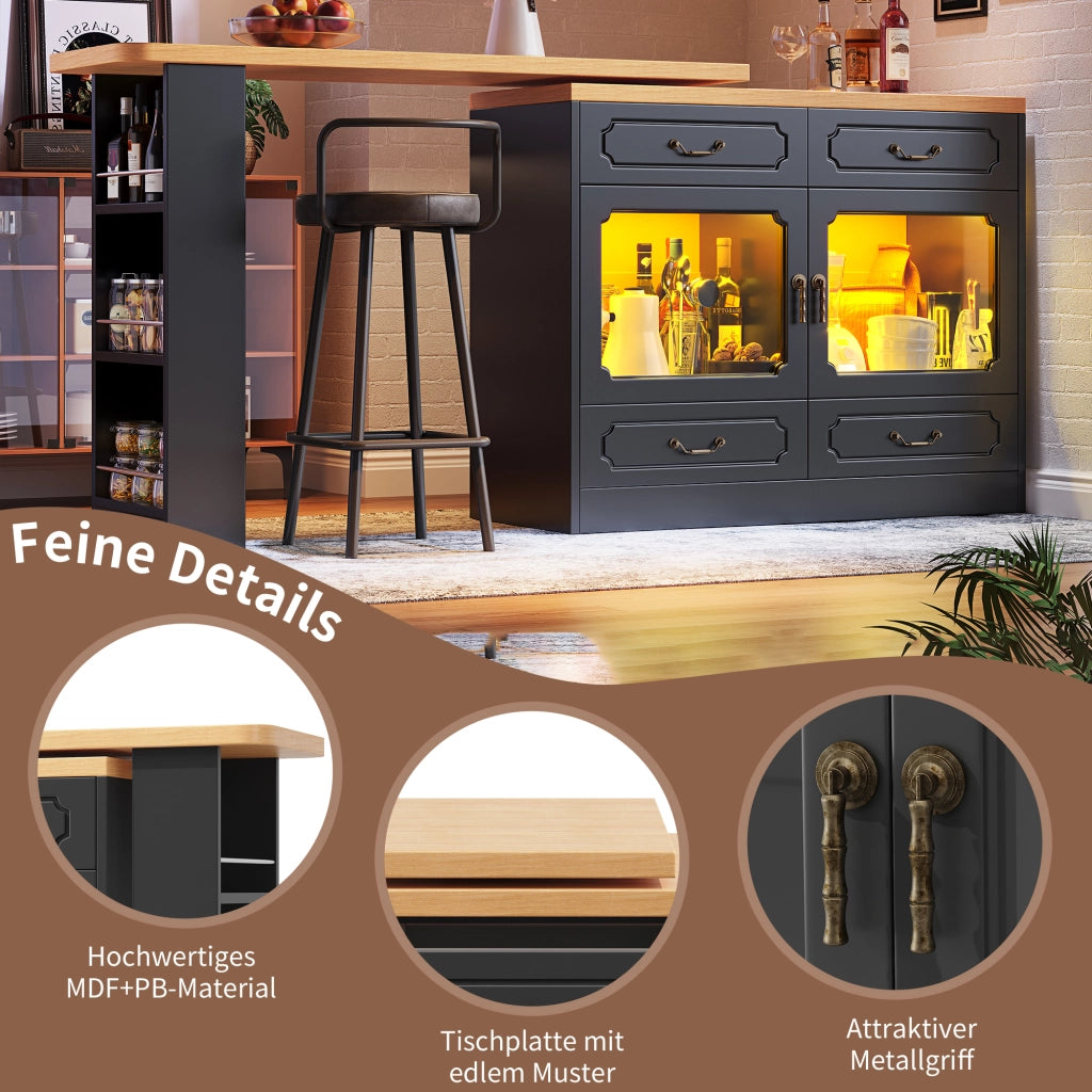 Tavolo Bar Estensibile con 4 Cassetti; Rotazione a 360° e LED; Cucina Sala da Pranzo; 135-203 x 39 x 92.8 cm