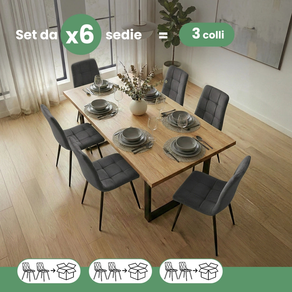 Set di 6 Sedie in velluto trapuntate NERO Grafite Scuro gambe nere