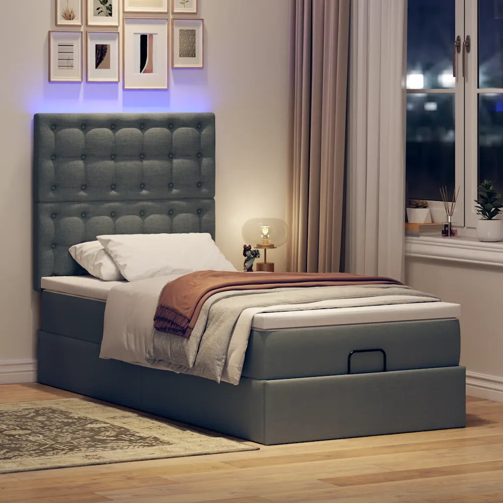 Pouf Letto con Materasso e LED Grigio Scuro 90x200 cm Tessuto 3314142