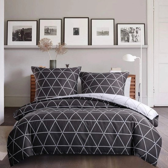 Set di coperte per letto, 200 x 200 cm, grigio-bianco, 3 pezzi, set, strie, geometrico grigio, bianco, disegno, estremamente duraturo, 1 x 200 x 200 cm, coperta per letto reversibile + 2 coperte per cuscino 80 x 80 cm