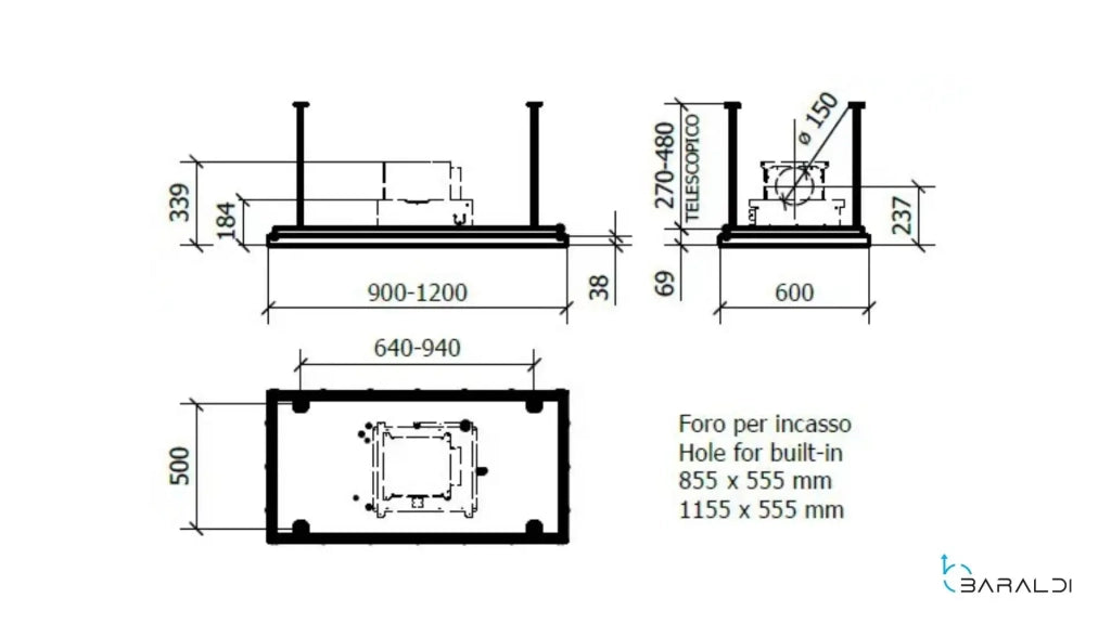 Cappa a soffitto da incasso FLEXIA -  cm 90X60 - Inox - 800 m3/h