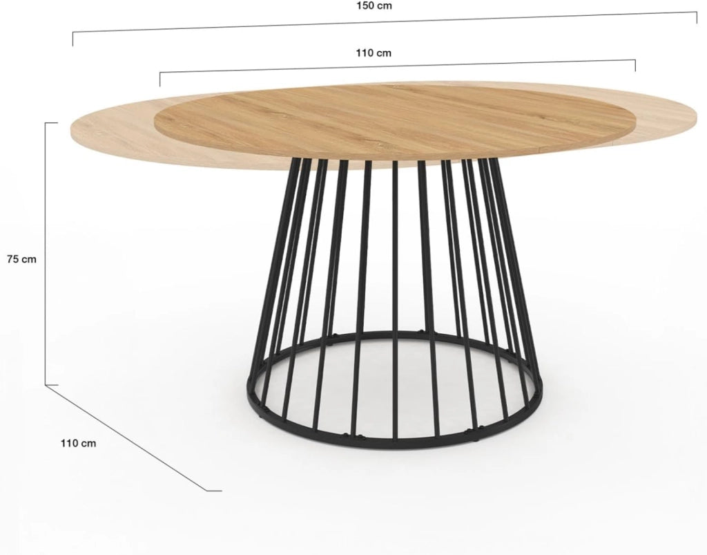 Tavolo da pranzo rotondo allungabile YUNA 4-8 persone con piano in legno e gamba in filo metallico nero 110-150 cm