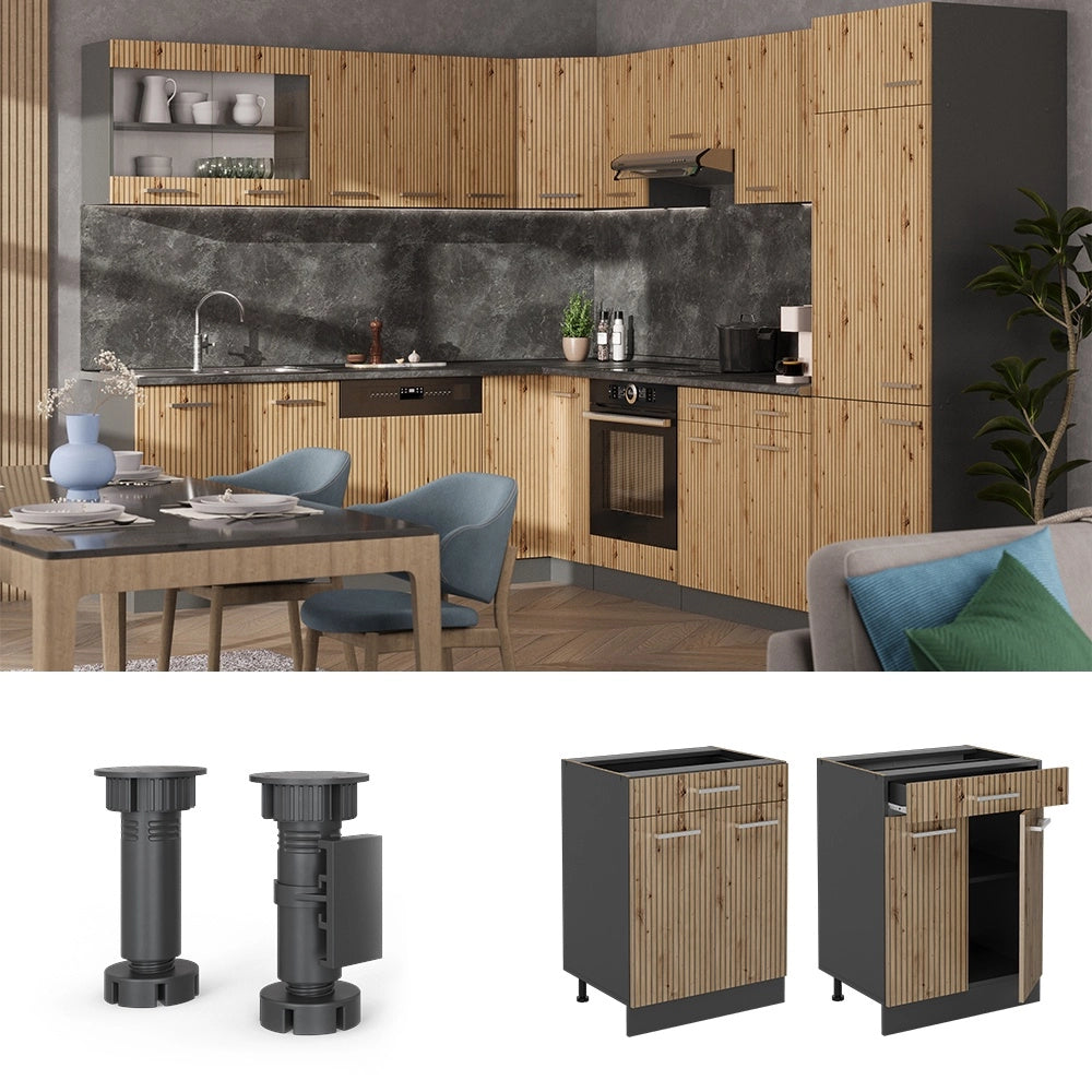 Mobiletto base per cucina R-Line Rovere artigianale/Antracite 60 cm con cassetto, senza piano di lavoro Vicco