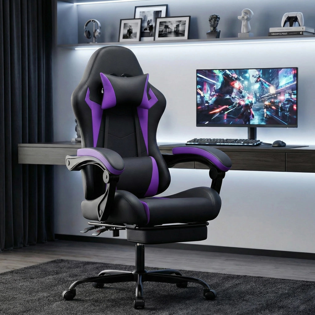Sedia gaming ergonomica con cuscino lombare e poggiatesta; reclinabile; PVC nero e viola