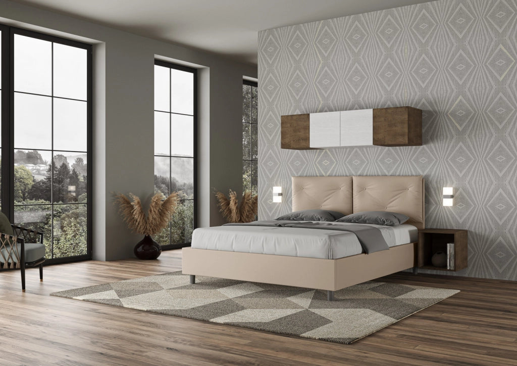 Letto Matrimoniale 160x190 cm con Rete e Contenitore con Alzata Comoda Imbottito in Similpelle Appia Tortora