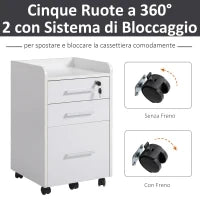 Schedario da Ufficio con 3 Cassetti, 5 Ruote, Cassettiera Ufficio con Serratura e 2 Chiavi per Lettera/Legale/Formato A4, Armadietto Verticale per Studio, 39.2x40x65.4 cm, Bianco