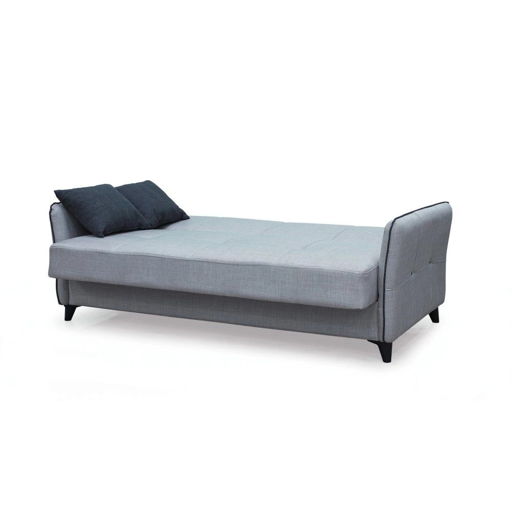 Divano 3 posti funzione letto contenitore Panama in tessuto grigio chiaro e cuscini grigio scuro 210x94x80h