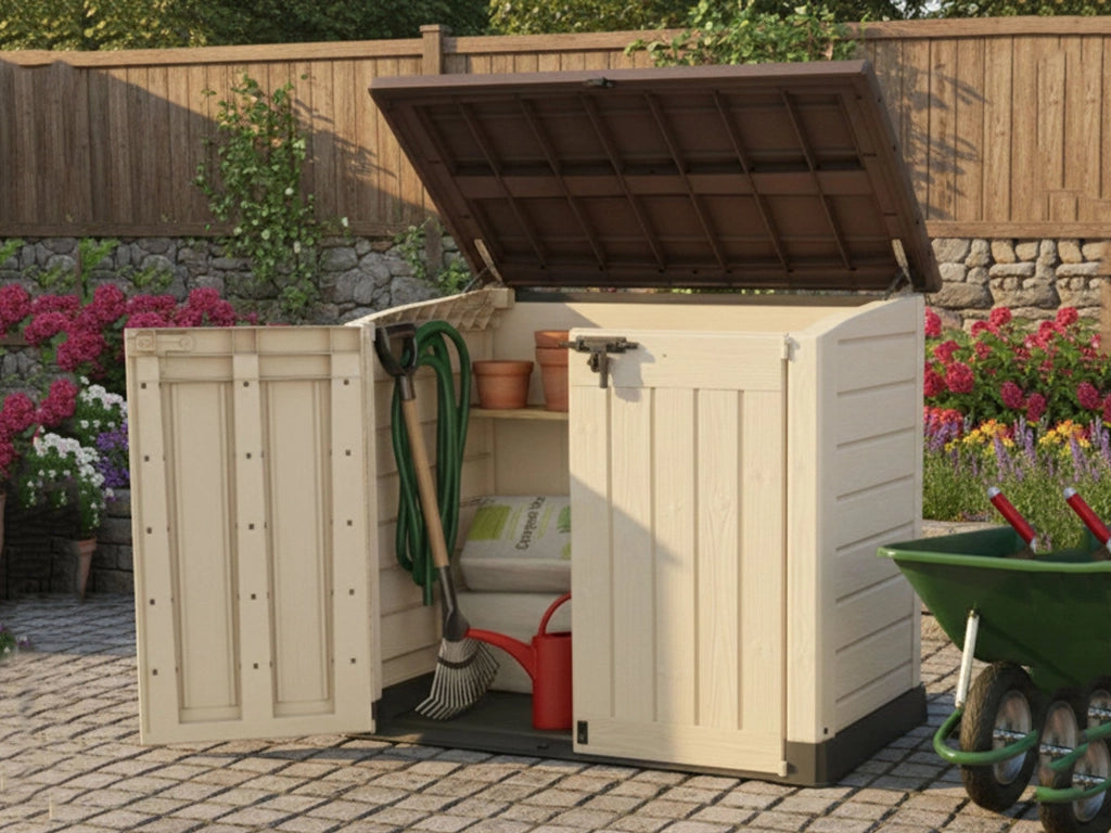 Armadio da esterno Hinton, Mobile outdoor, Mobiletto giardino multiuso, Contenitore per balcone o garage, 146x82 h125 cm, Beige