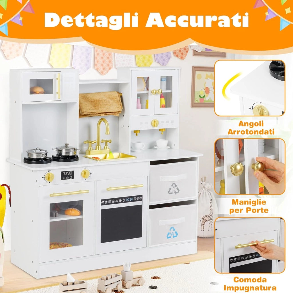 Cucina Giocattolo per Bambini, Cucinetta in Legno con Fornelli con Suoni e Luci, Macchina da Caffè, Microonde, Rubinetto, Lavello e Accessori, per Bambini 3+ Anni (Bianco)
