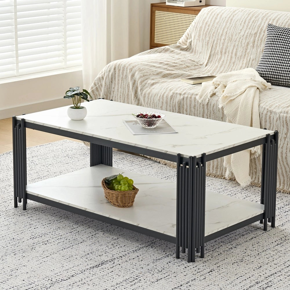 Tavolino da Salotto Rettangolare ¨C MINIMAL ¨C Piano Effetto Marmo, Gambe in Metallo, Bianco/Nero, 140x64x46 cm