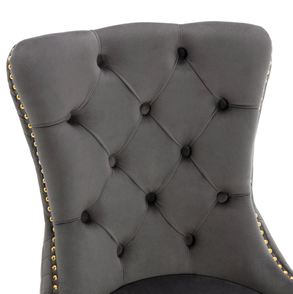 Sedia da pranzo imbottita in velluto grigio con anello decorativo; gambe in acciaio inox dorato; 50;5 x 45 x 95 cm