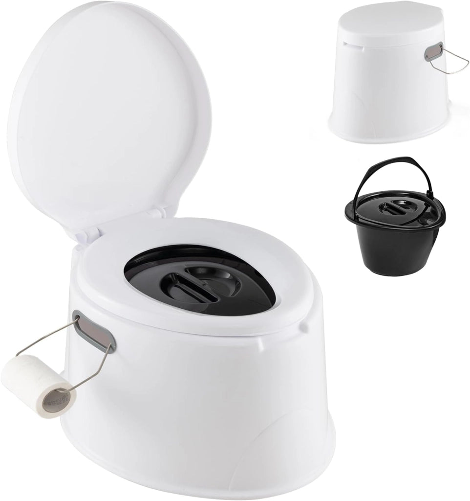 WC Portatile 5L, 49 X 41 X 34 CM, Toilette con Coperchio Anti-Odore, Secchio Interno Rimovibile, Portarotolo per Carta Igienica, Carico 200 kg, per Campeggio, Viaggi, Escursioni