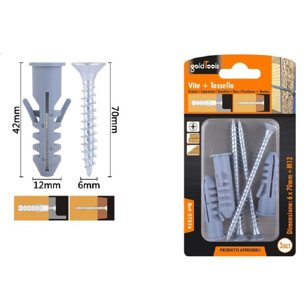 Trade Shop - Set 3 Pz Viti Vite Croce 6x70mm + Tasselli Con Alette Tassello M12 Fischer 57574 -