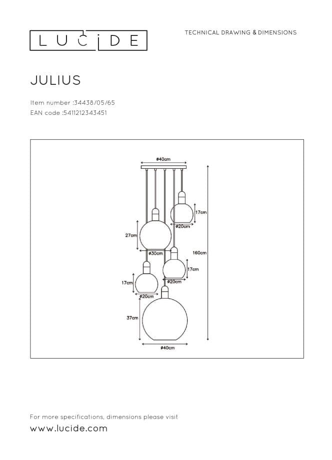 Lampadario Lucide Julius 5xE27 nero oro 34438/05/65