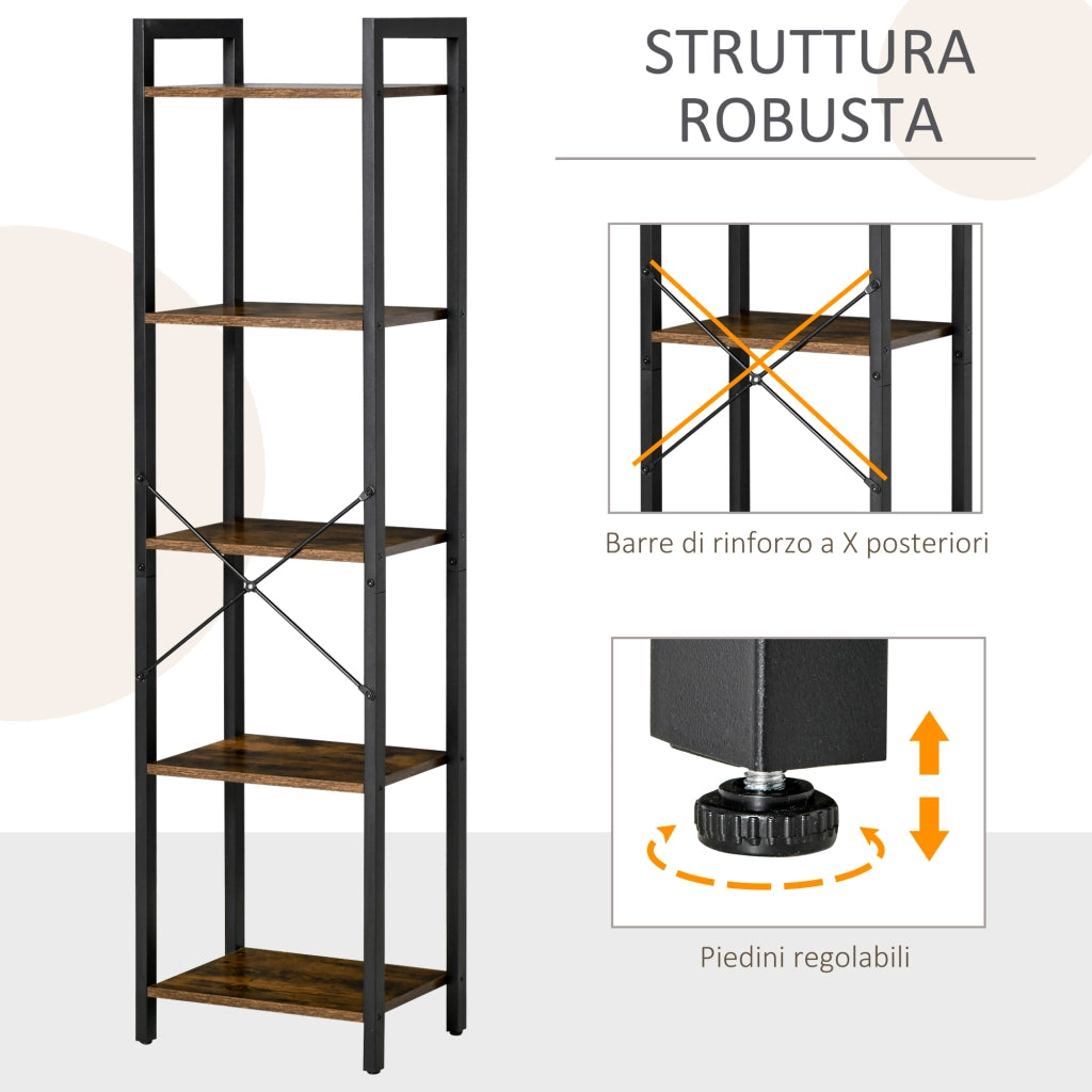 Libreria Stile Industriale a 5 Scaffali in Legno e Acciaio, 40x30x154cm, Marrone Rustico