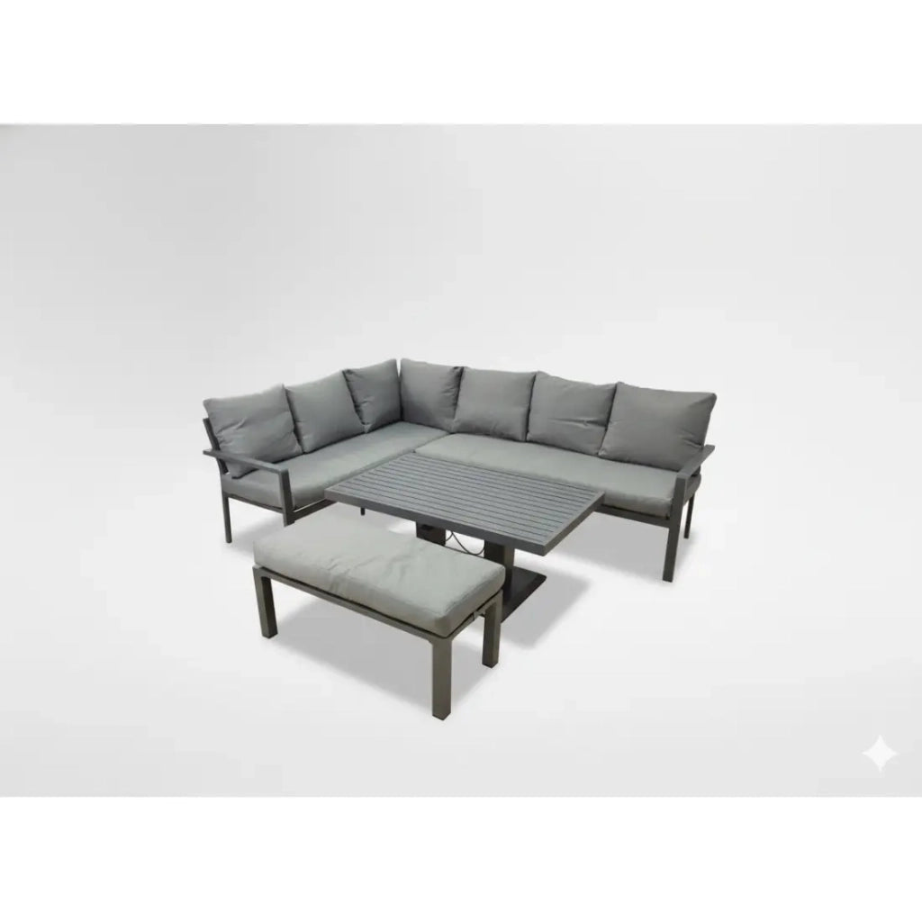 Salotto da giardino ad angolo 7 posti in alluminio grigio con tavolo regolabile e pouf – FERONA