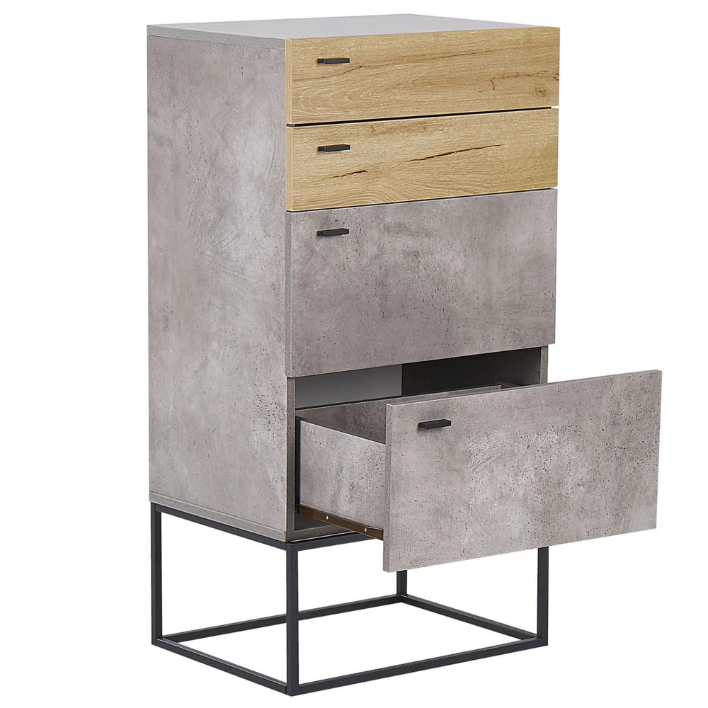 Cassettiera Effetto Cemento Legno Chiaro 4 Ripiani Base in Metallo Nero Industriale
