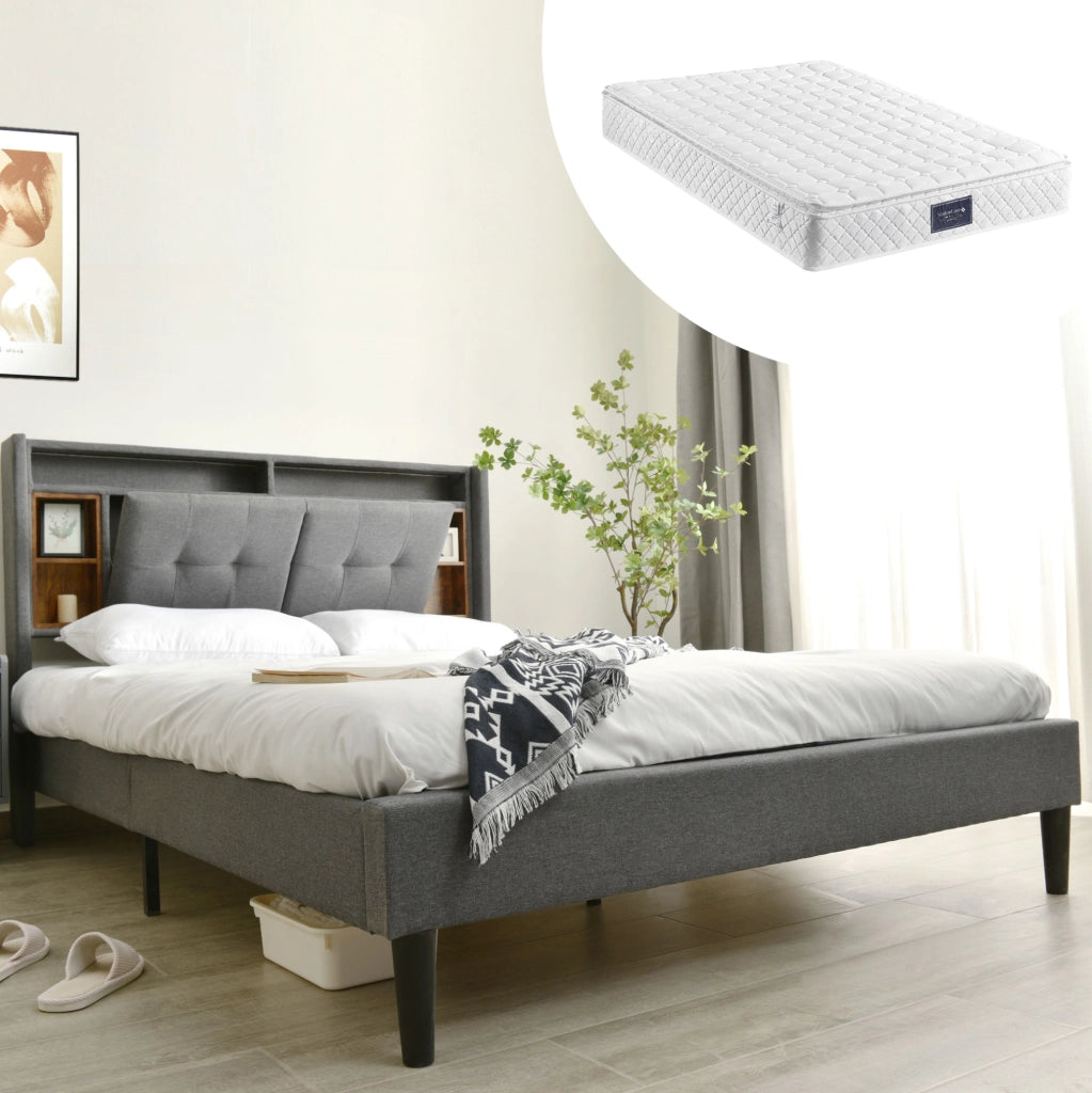 Letto matrimoniale 140x200 cm grigio con testiera contenitore; LED; prese USB e materasso