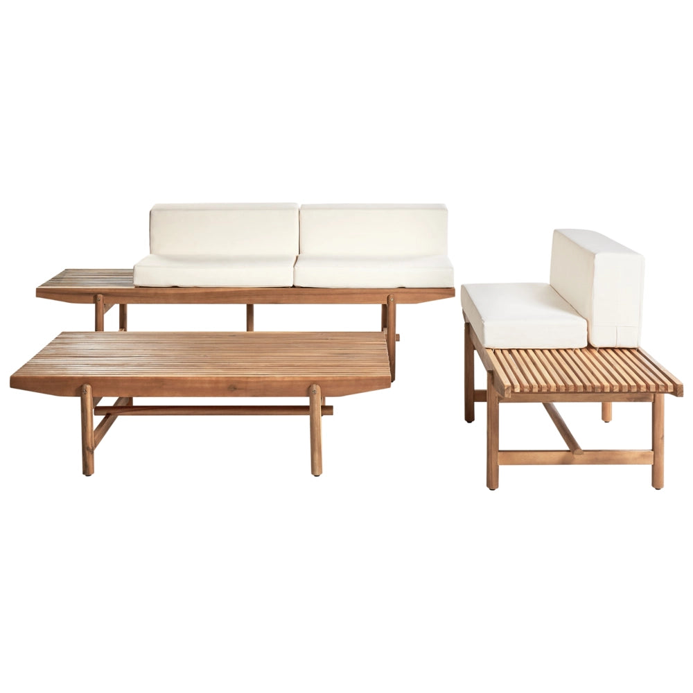 Set di divani da giardino Cuscini bianco sporco Legno di acacia Rustico per esterni 3 posti con tavolino