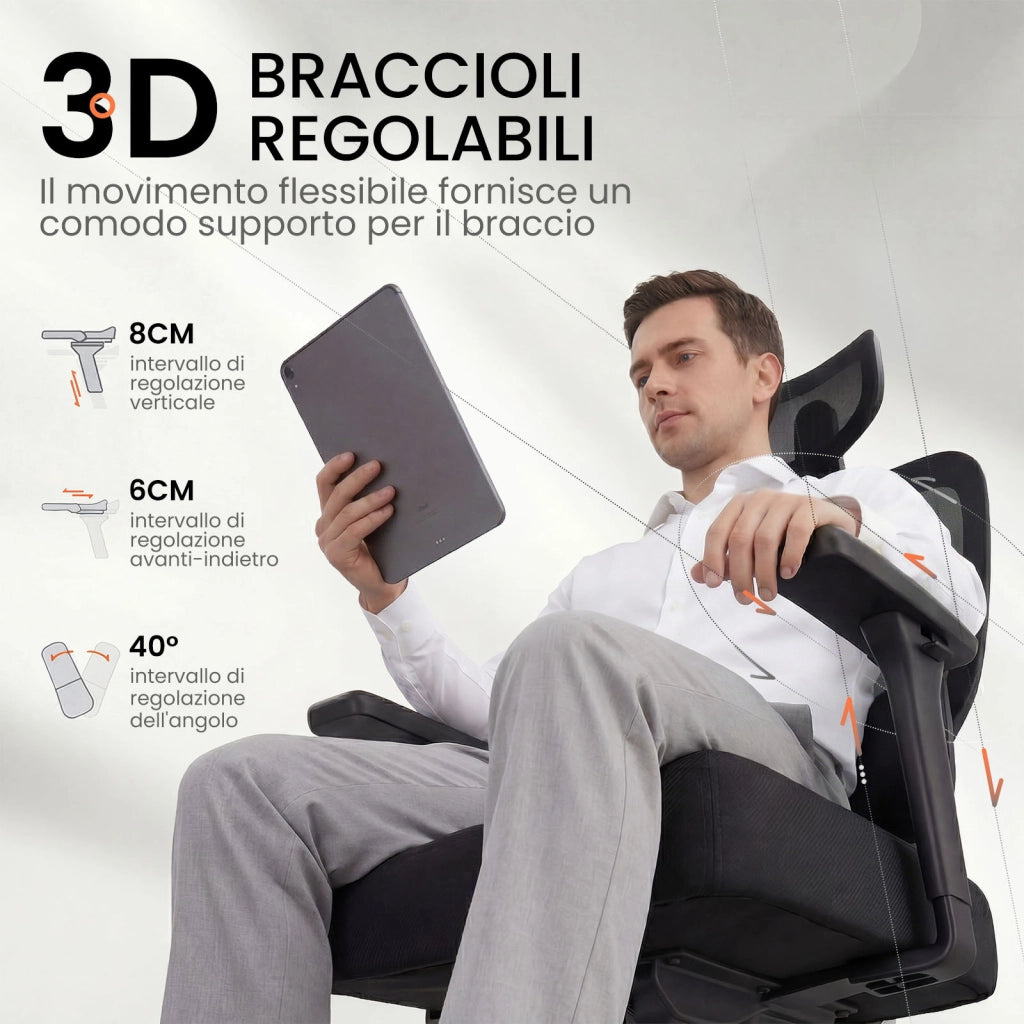 Sedia da ufficio ergonomica con supporto lombare regolabile, braccioli ribaltabili, base girevole per il gaming e portata massima di 150 kg.