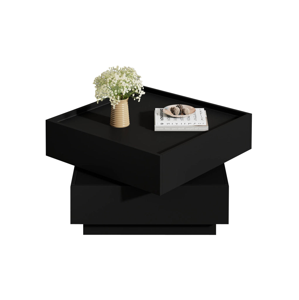 Tavolino da caffè girevole a 360° con 2 cassetti e 2 ripiani; 60x60x38 cm; nero; in truciolare