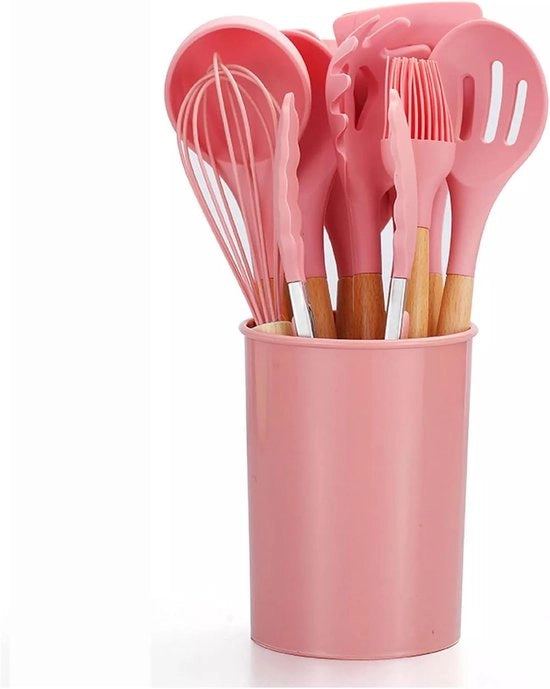Set di cucina da 12 pezzi con rivestimento antiaderente, maniglia di legno ergonomico resistente al calore - BPA libero - rosa