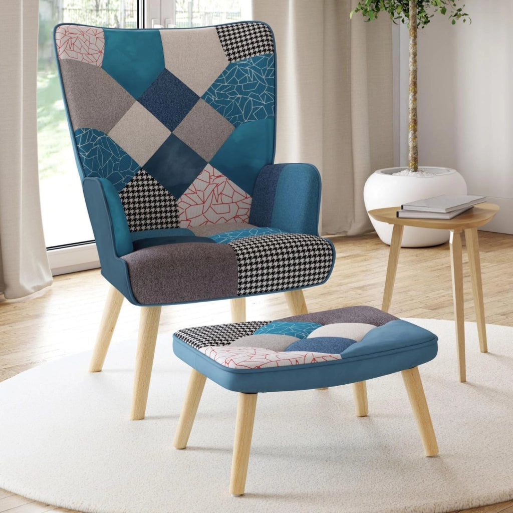 IVAR Poltrona scandinava con poggiapiedi in tessuto patchwork e velluto blu