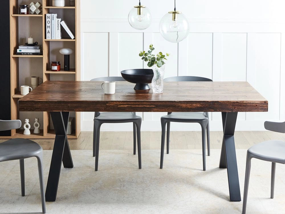 Tavolo da pranzo in legno di pino scuro MDF 180 x 90 cm Gambe stabili in metallo nero Sala da pranzo Soggiorno Stile industriale