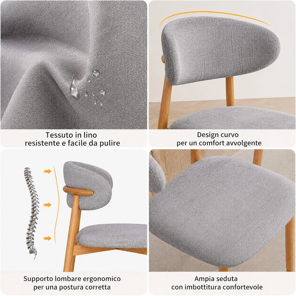 Set 4 Sedie da Pranzo con Gambe in Metallo Effetto Legno e Seduta Tessuto Grigio