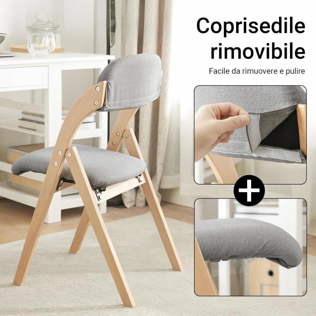 Sedia Pieghevole in Legno Set da 2 Poltrona Imbottita da Cucina, Sedie da Interno per Ufficio, Balcone, Giardino – Sedie Pieghevoli Salvaspazio Richiudibili in Faggio, Grigio Chiaro FST92-Nx2