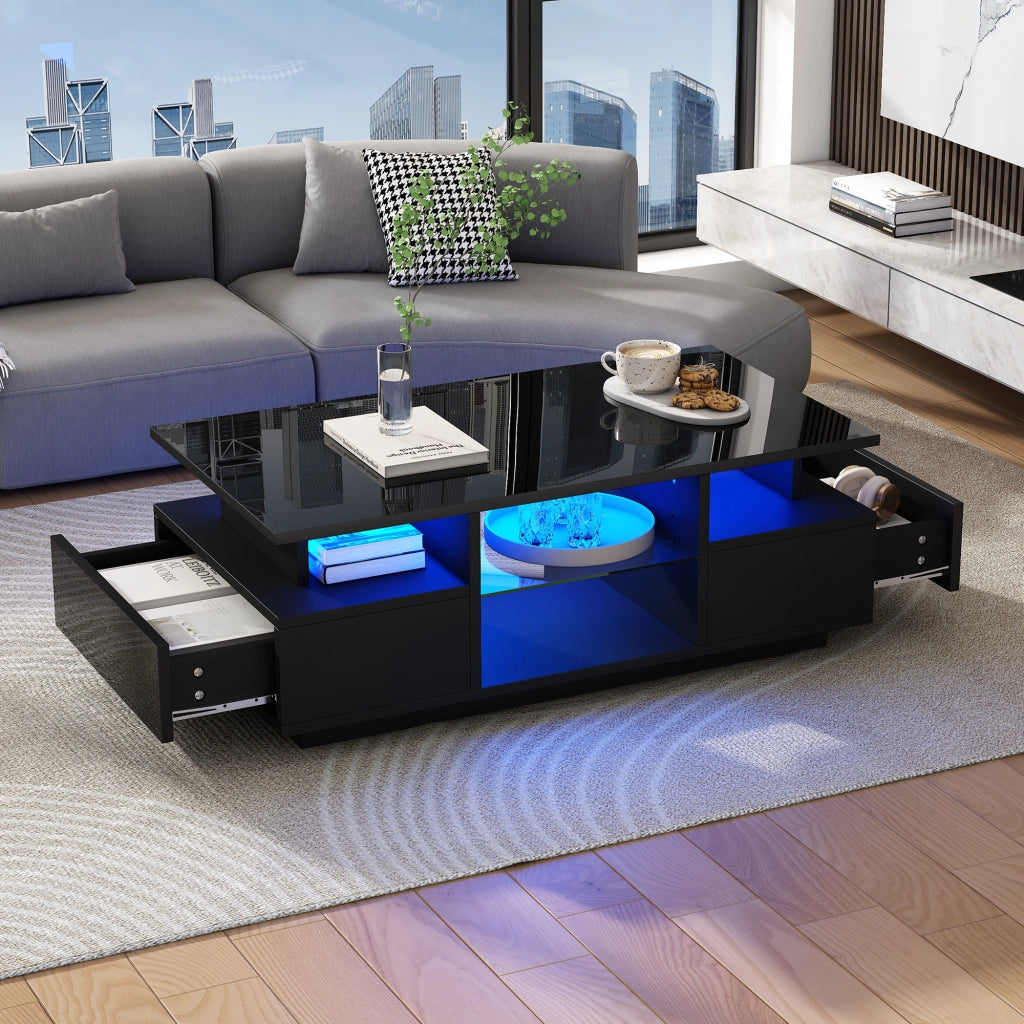 Tavolino da caffè 100x50x36 cm con LED e 2 cassetti in truciolato nero