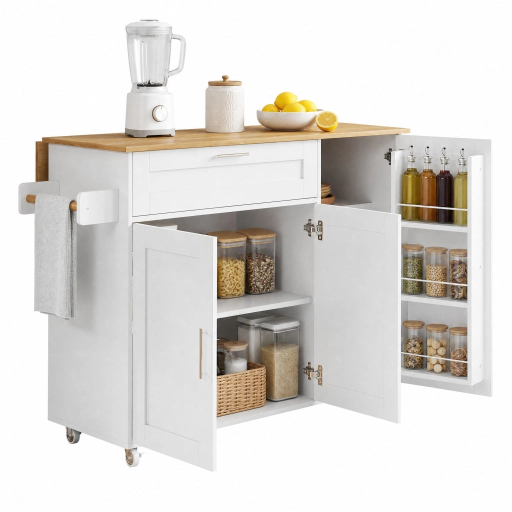 Carrello da cucina mobile con piano ribaltabile, 132,5x44(70)x90 cm, bianco/naturale, con ampio spazio contenitivo