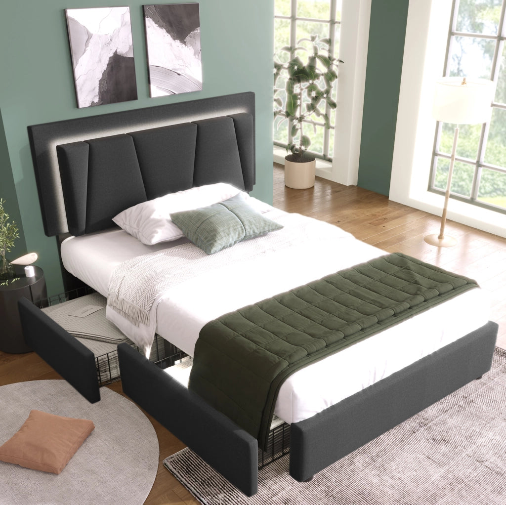Letto singolo 90x200 cm con LED; testiera regolabile e 2 cassetti; grigio