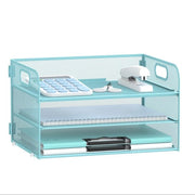 Organizzatore di cartelle 3 strati con maniglia, organizzatore di rete per scrivania, cassetto per lettere, organizzatore di cartelle per fogli A9, blu
