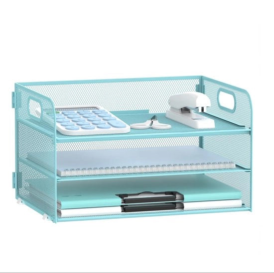 Organizzatore di cartelle 3 strati con maniglia, organizzatore di rete per scrivania, cassetto per lettere, organizzatore di cartelle per fogli A9, blu