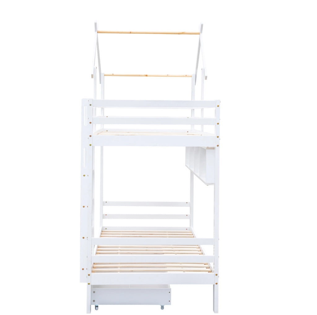 Letto a castello 90x200 cm bianco con cassetti, mensole e scala in pino