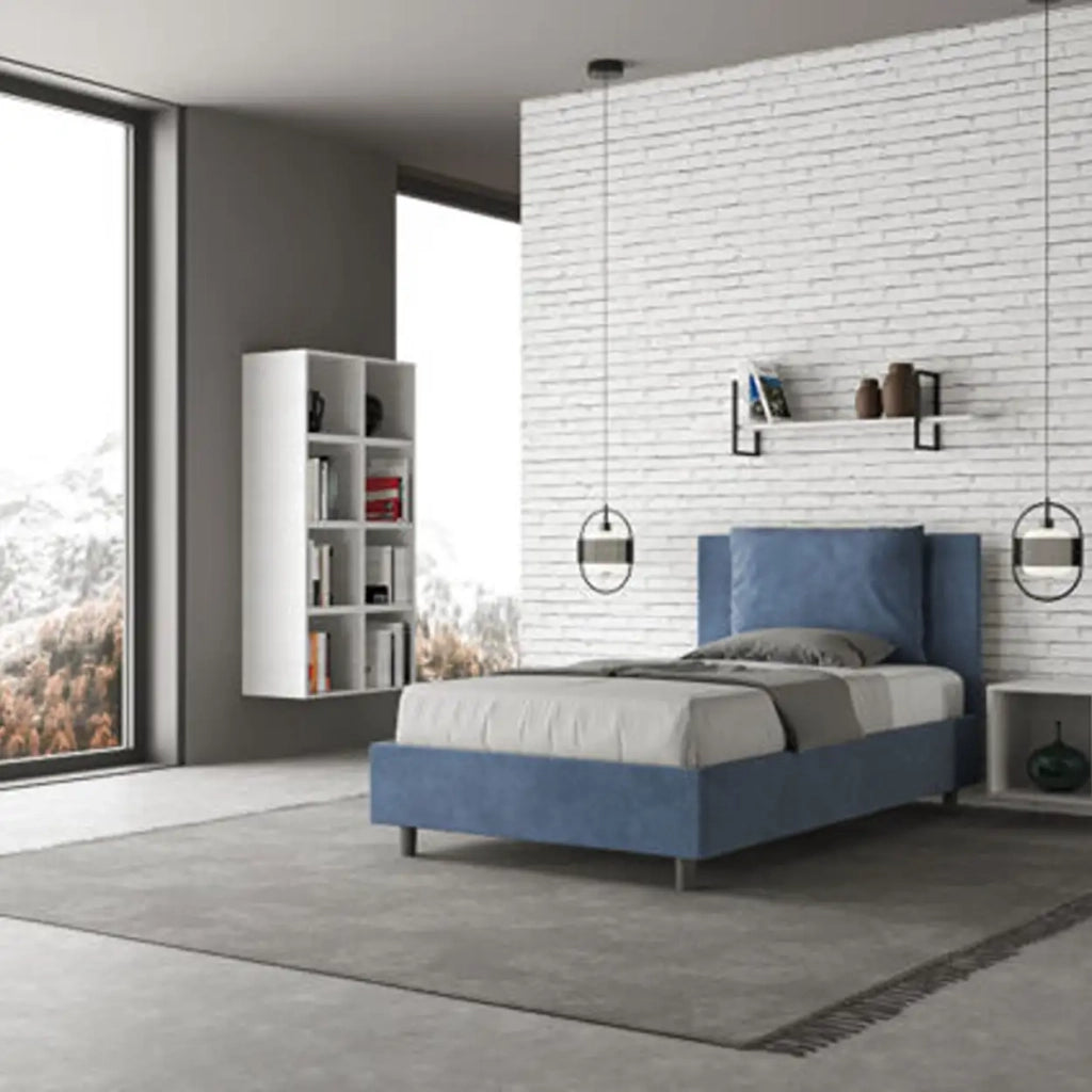 Letto una piazza e mezza senza rete imbottito 120x200 microfibra blu Antea