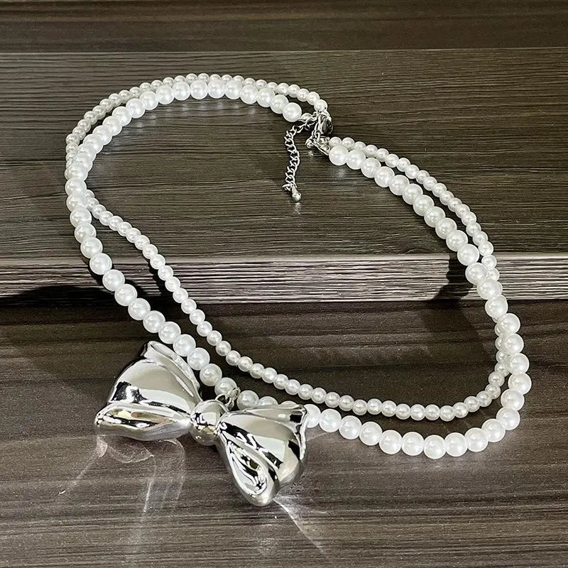 Collana doppia fatta a mano con fiocco in argento e perle, regalo di Natale per donna, regalo di compleanno