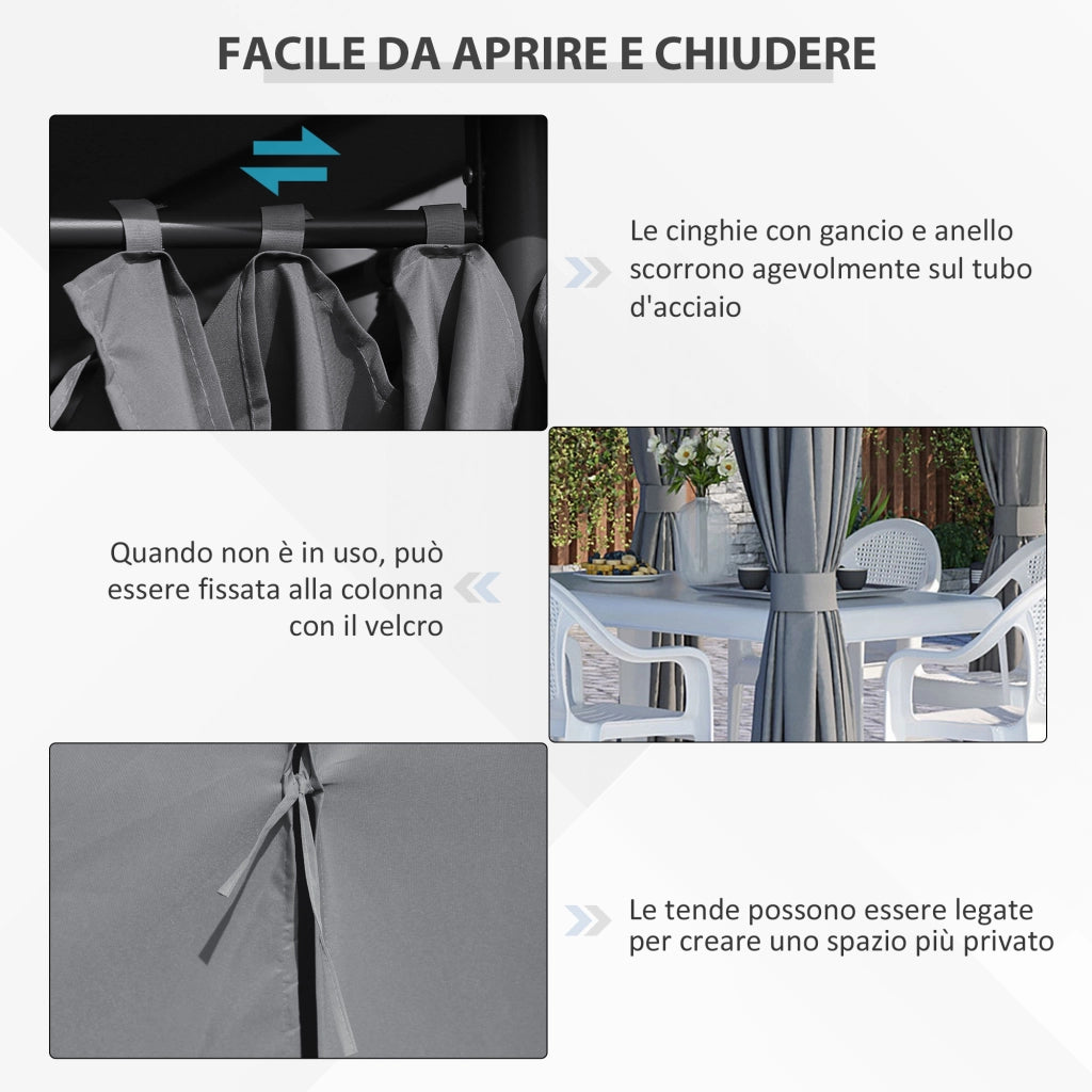 Gazebo 3x4 m con 6 Pareti Rimovibili 8 Fori di Drenaggio e 12 Picchetti in Acciaio e Poliestere Grigio e Nero