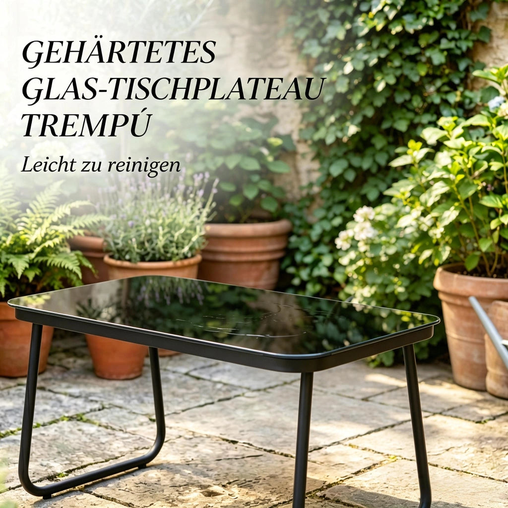 SALOTTO DA GIARDINO Set da 4 pezzi nero in acciaio e vetro temperato
