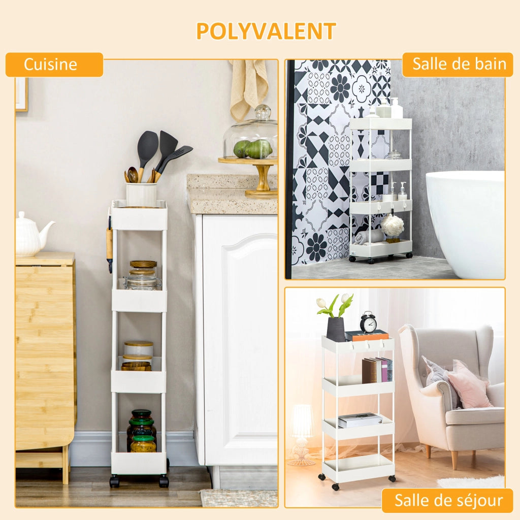 Carrello cassettiera mobile 4 livelli con cestini e ganci ¨C zephmum ¨C bianco