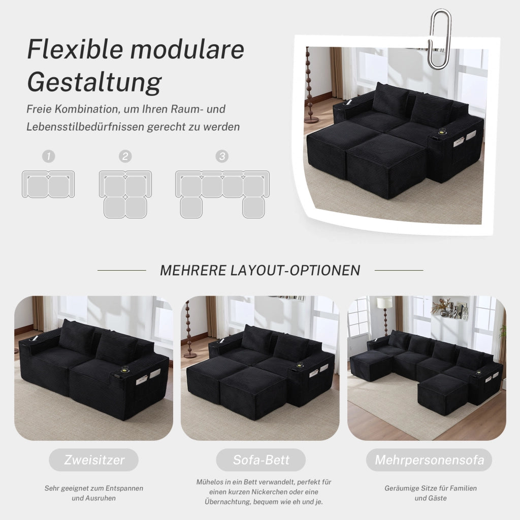 DIVANO MODULARE 2 POSTI 188x162x75 cm in tessuto a coste nero con 2 pouf