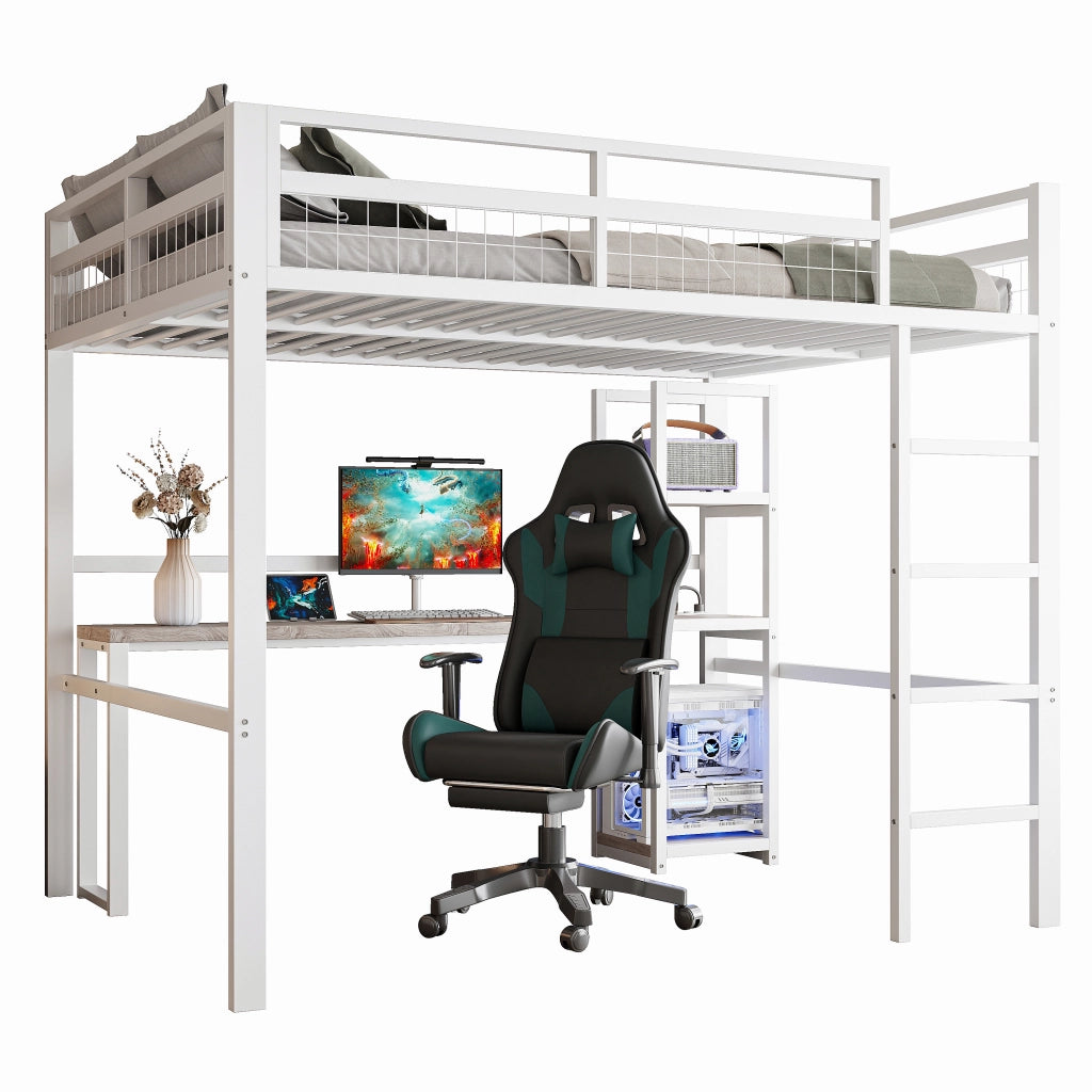 OKWISH Letto a soppalco 140×200 cm, Letto matrimoniale con Mensole, Scrivania, Prese, USB e Type C, senza Materasso, in Metallo, Bianco
