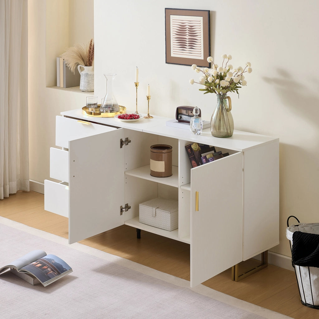 Credenza 160x40x81.5 cm con 3 cassetti e 2 ante in MDF bianco